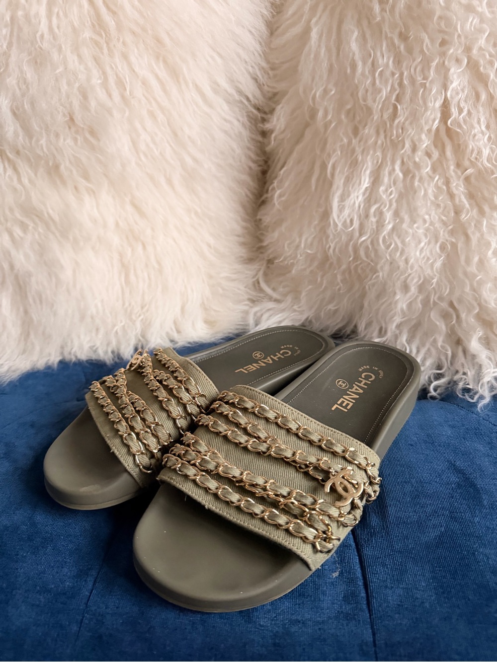 CHANEL Olive Green Chain-Embellished Slide Sandals